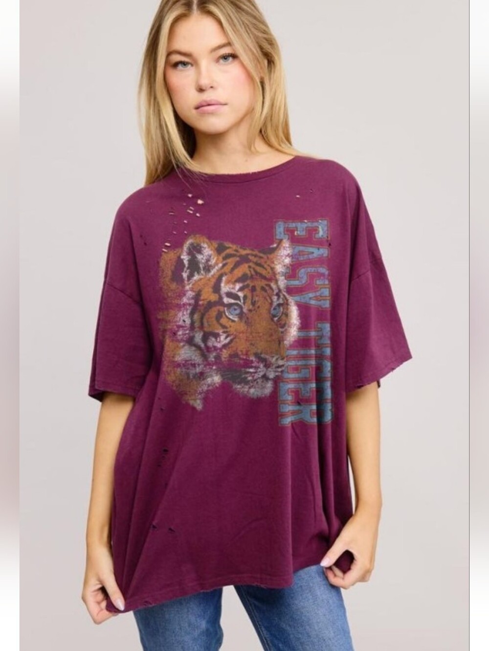 Plum Distressed Easy Tiger Graphic Tee